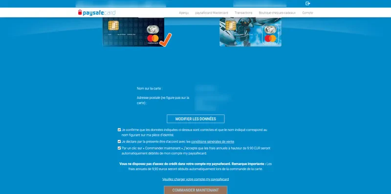 commander une carte bleue paysafecard
