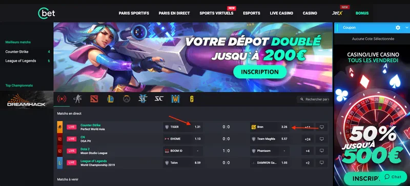 cote d'un match avat le début