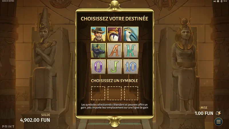 Choix du symbole sur la machine a sous Book of Destiny
