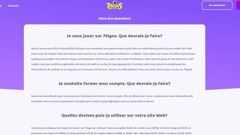 foire aux questions du casino en ligne 7signs support client