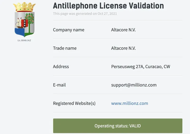 casino millionz licence