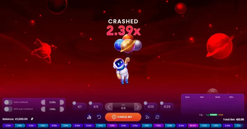 spaceman crash du personnage et perte de la mise