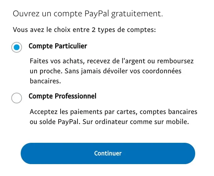 paypal compte particulier ou pro
