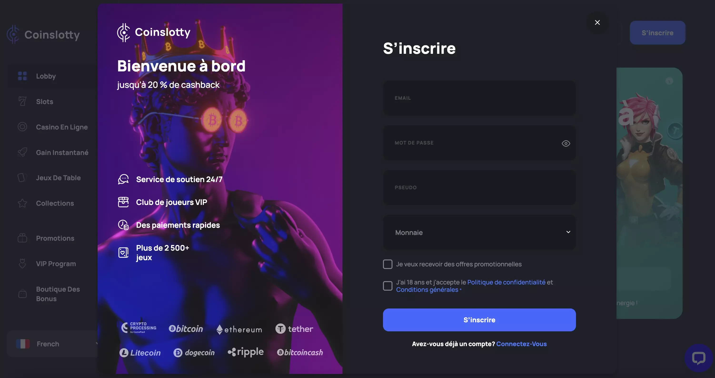 Voici les conditions à remplir pour s’inscrire sur le casino en lige Coinslotty
