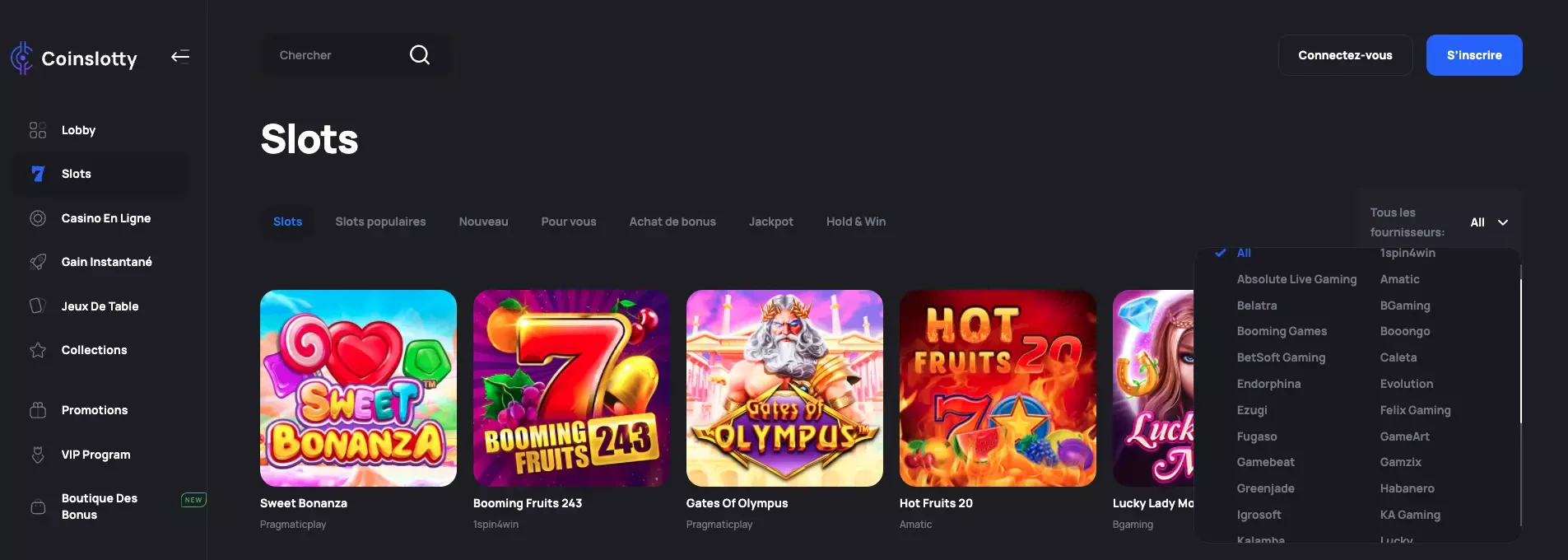 Les providers disponibles sur le casino en ligne chez CoinSlotty