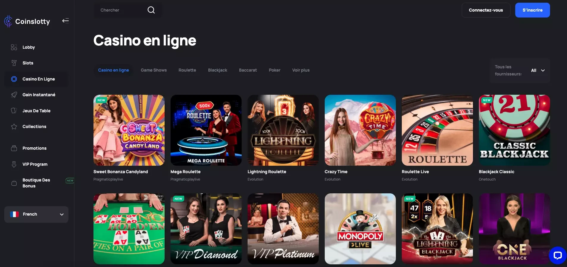 Les tables de jeux sont nombreuses, tout comme les émissions en direct sur CoinSlotty