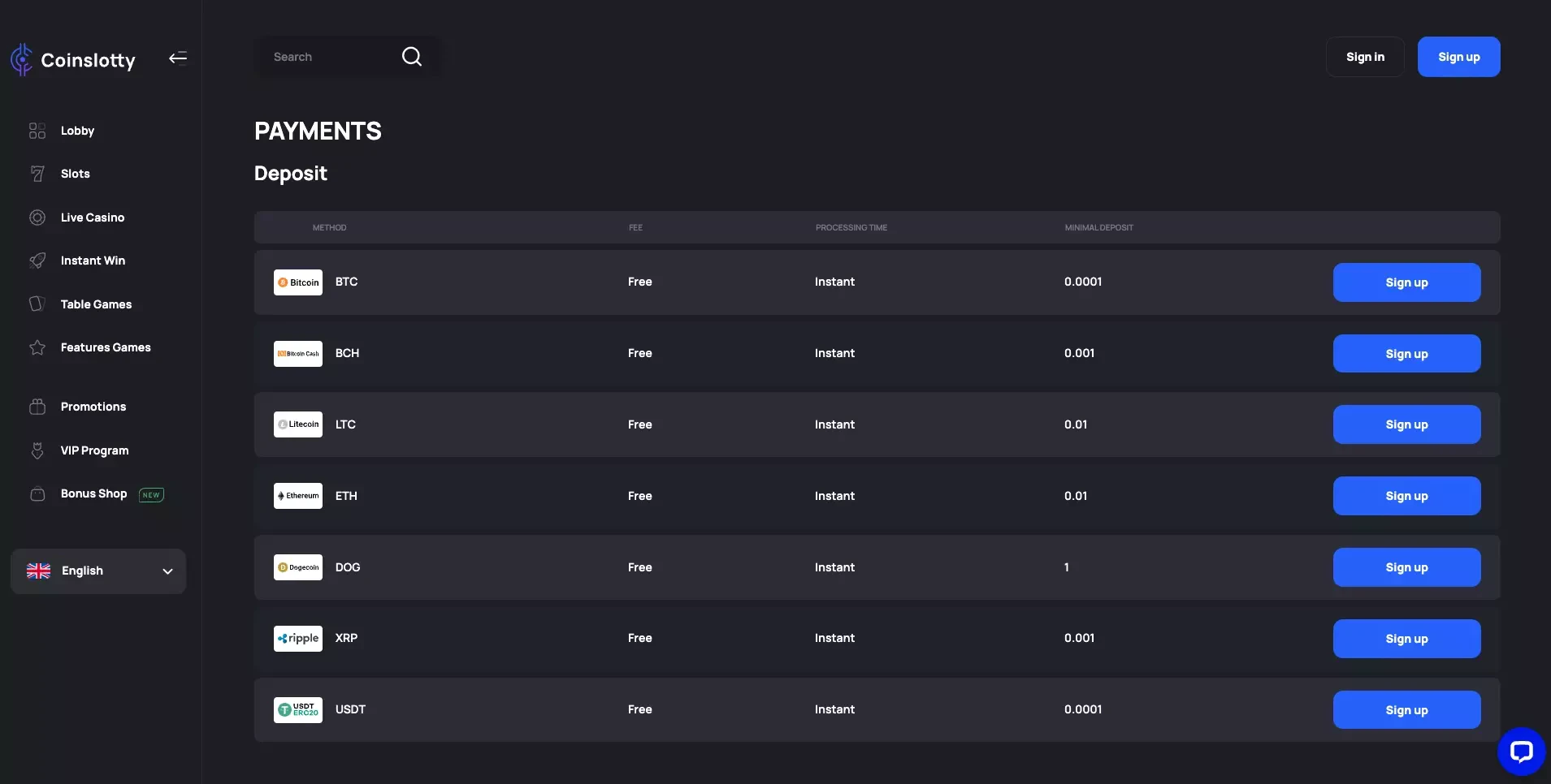 Les moyens de dépôts qui sont disponibles sur le casino en ligne CoinSlotty