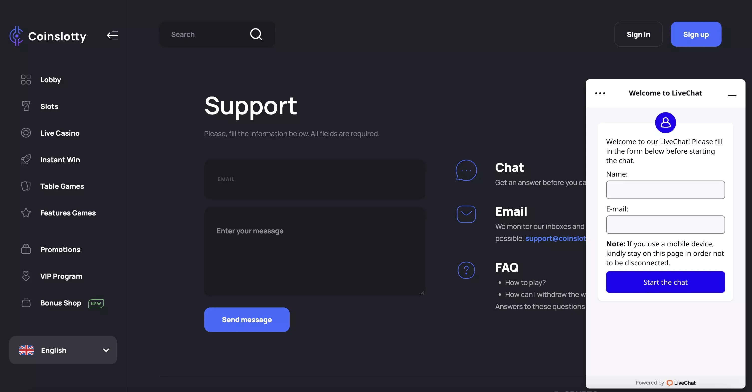 Le support client est très conséquent sur le casino en ligne CoinSlotty