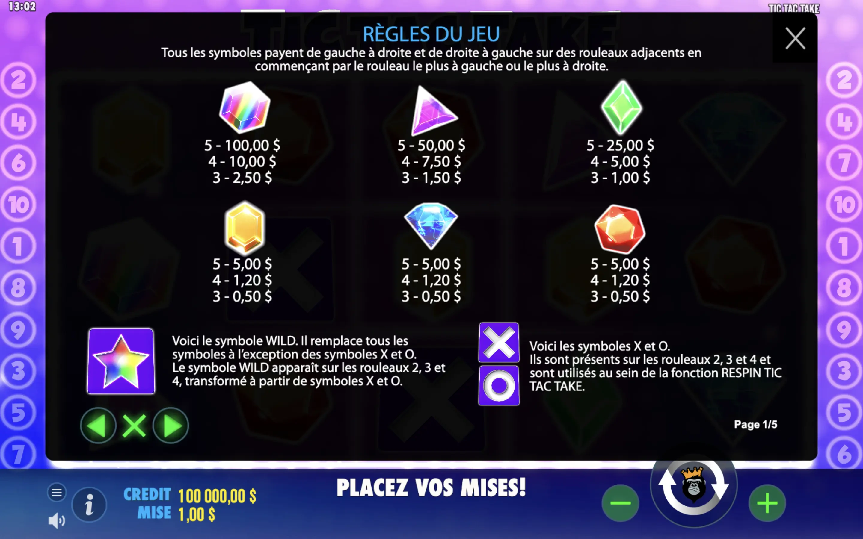 Les symboles présents sur Tic Tac Take