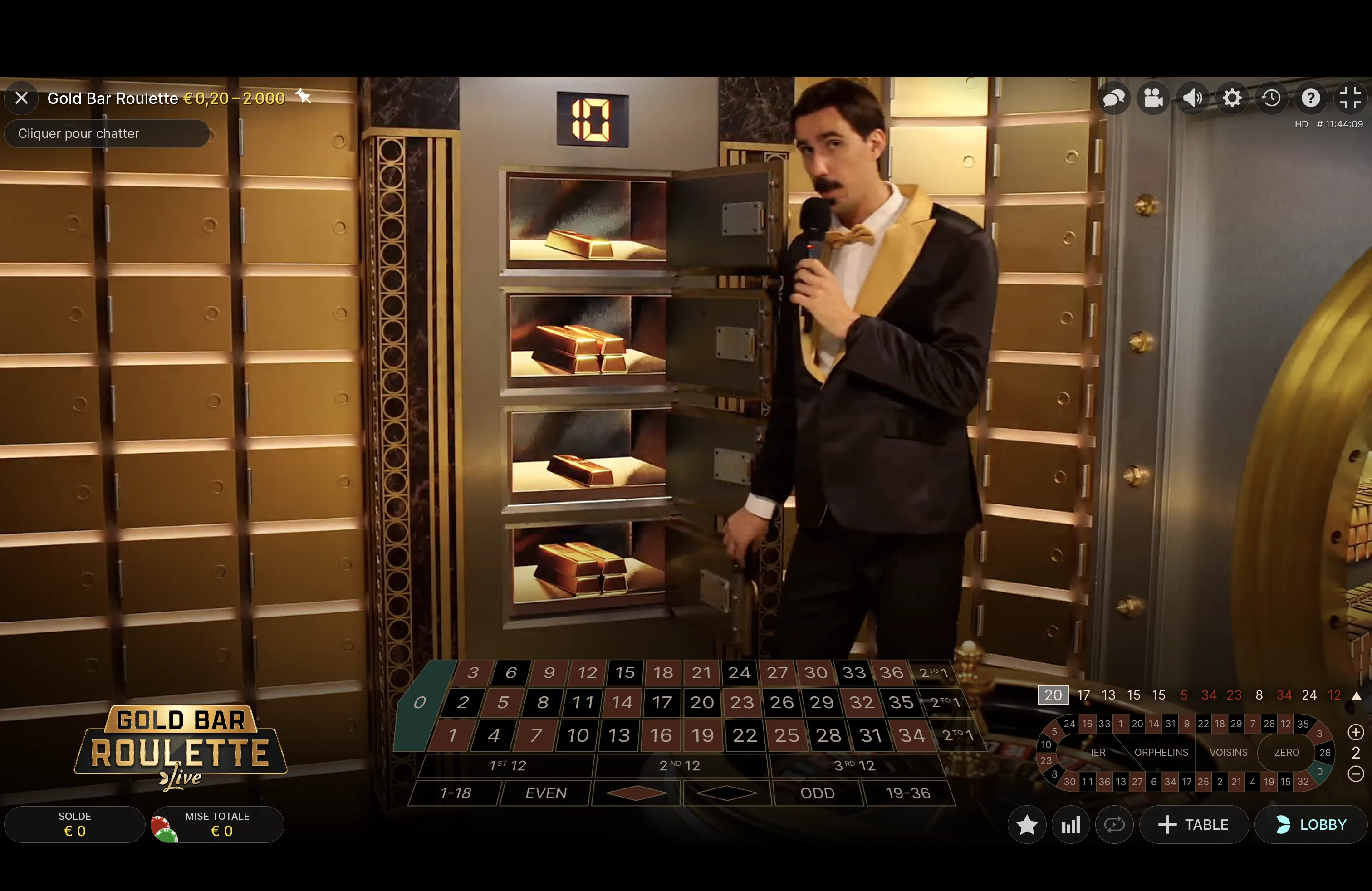 Présentation des lingots avant que la bille ne soit lancée, Gold Bar Roulette, Evolution Gaming