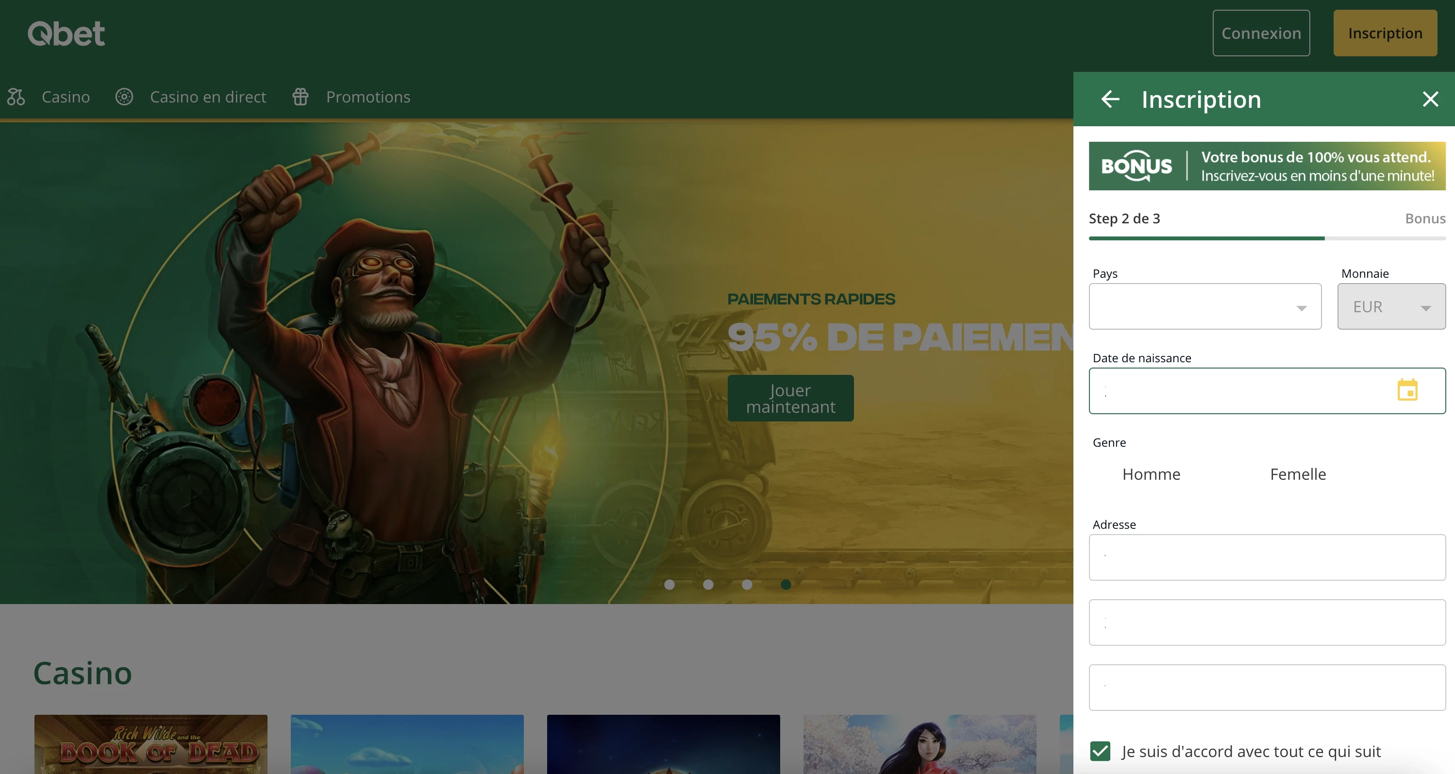 Étape 2 pour s’inscrire sur le casino en ligne QBet