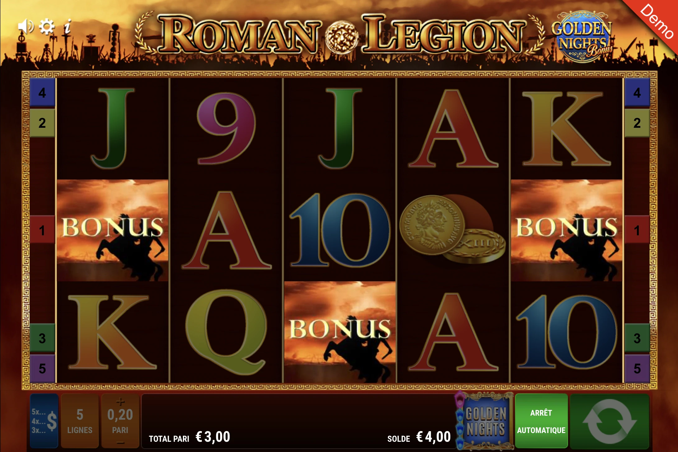 Obtention des parties bonus sur Roman Legion Golden Nights Bonus