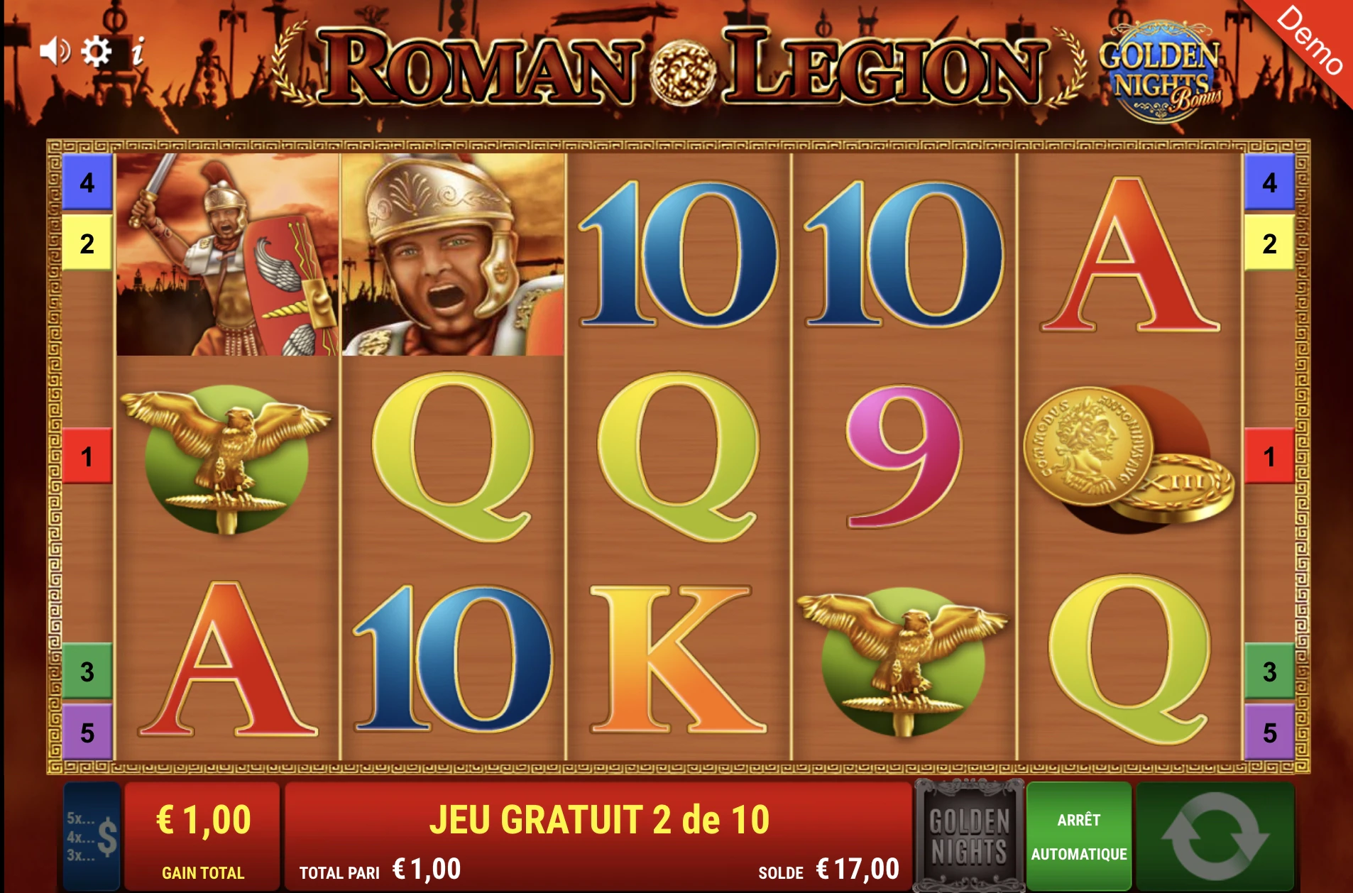 Une fonctionnalité est présente durant vos tours gratuits sur Roman Legion Golden Nights Bonus