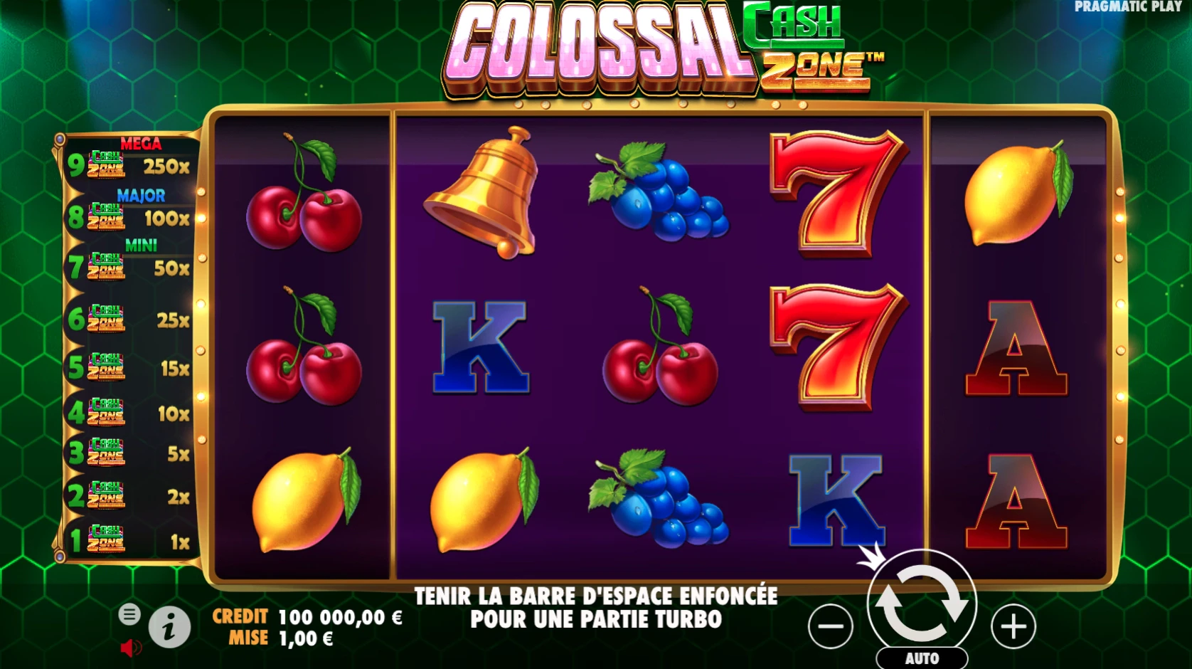 La grille de départ de la machine a sous colossal cash zone