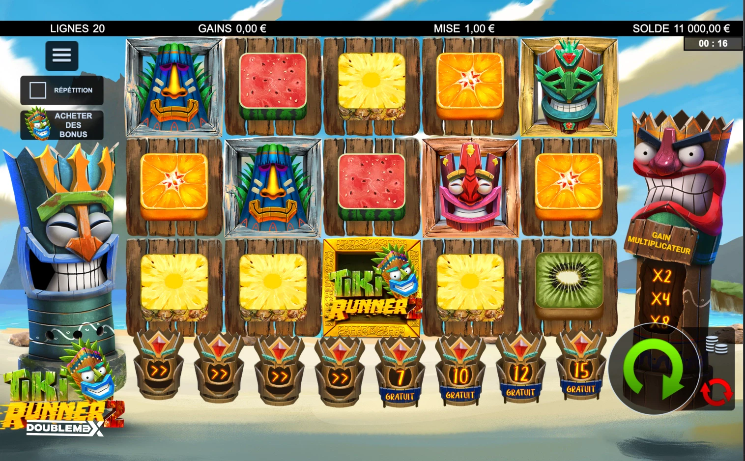 La grille de départ de la machine a sous Tiki Runner 2 d’Yggdrasil