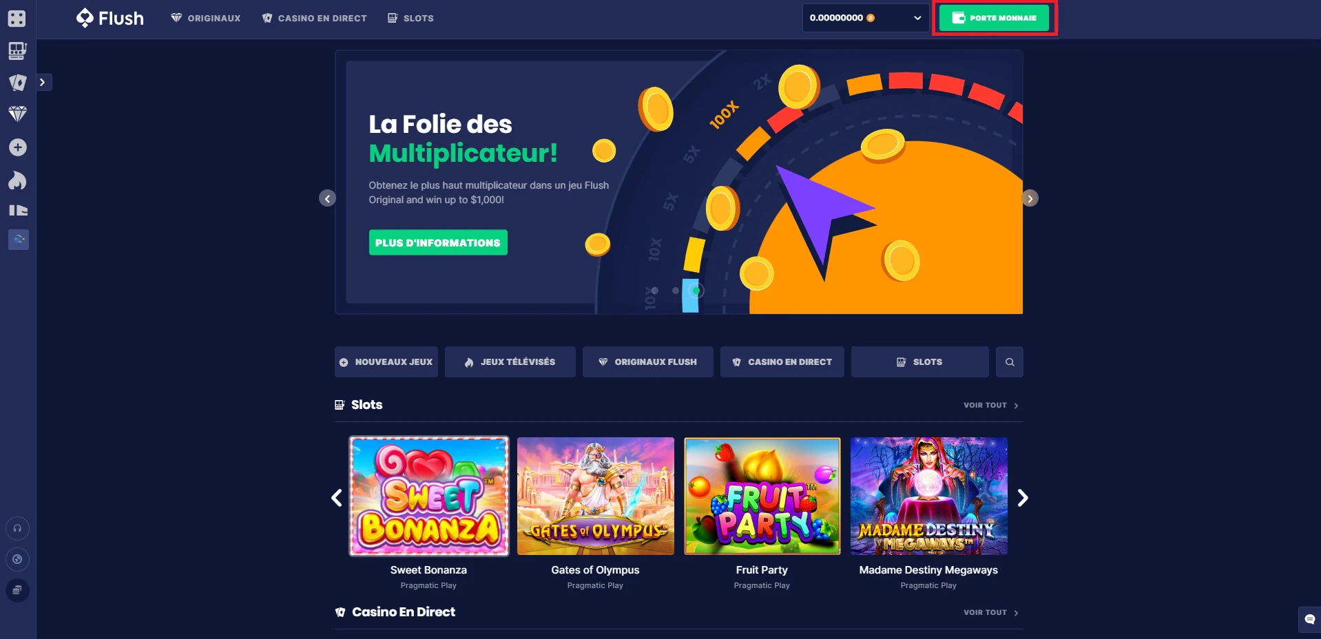 Etape 1 pour déposer sur flush casino - cliquer sur porte monnaie