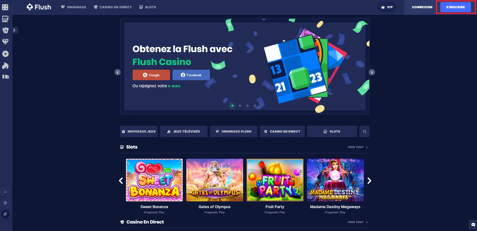 Inscription sur le casino en ligne Flush
