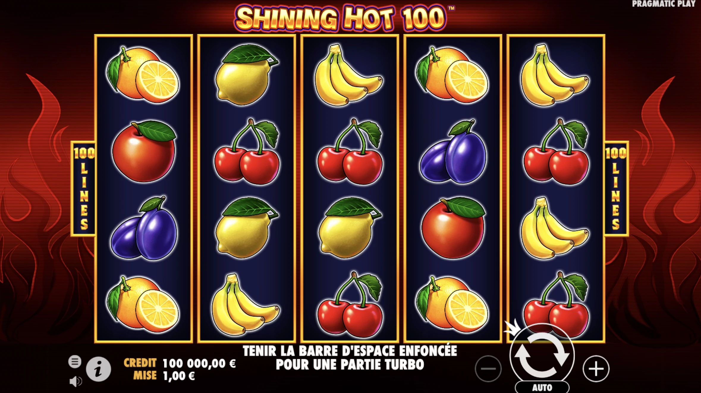 Grille de départ de la machine à sous Shining Hot 100 du provider Pragmatic Play
