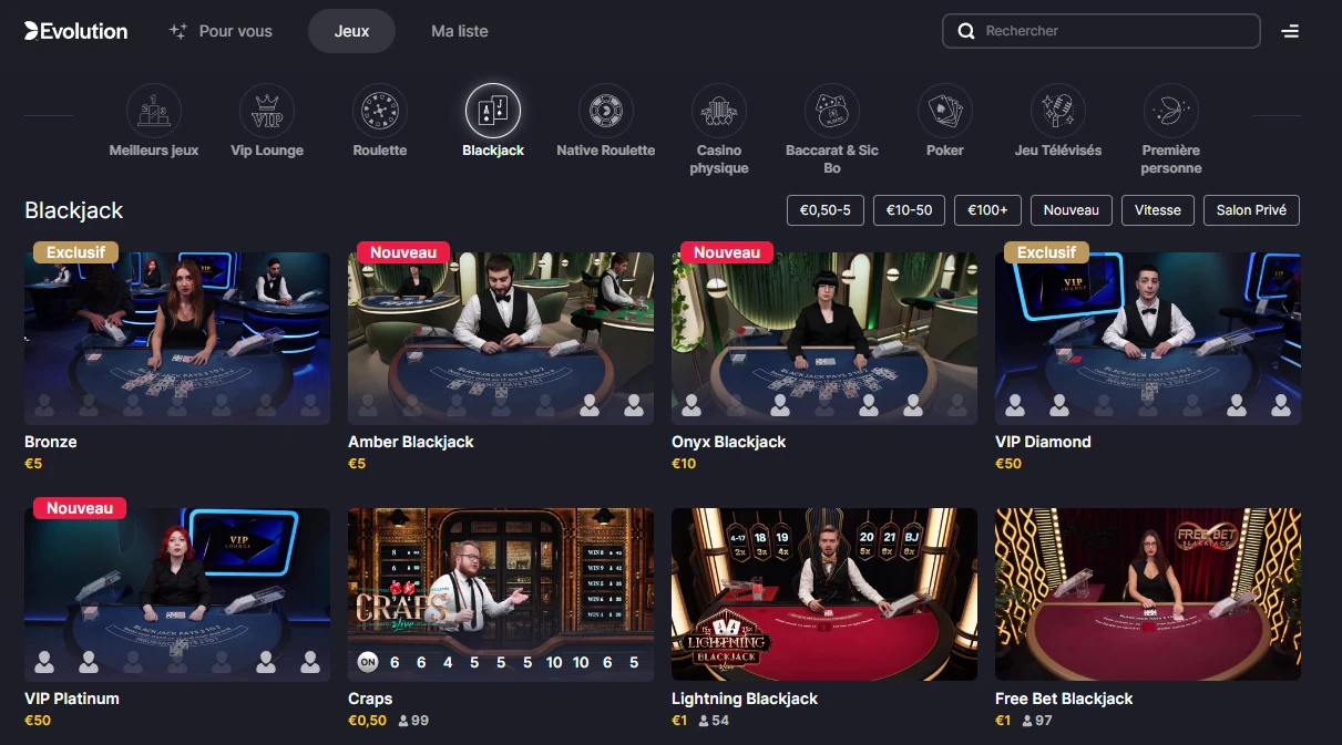 Brunocasino dispose de très nombreuses tables de jeu pour blackjack, roulette, etc