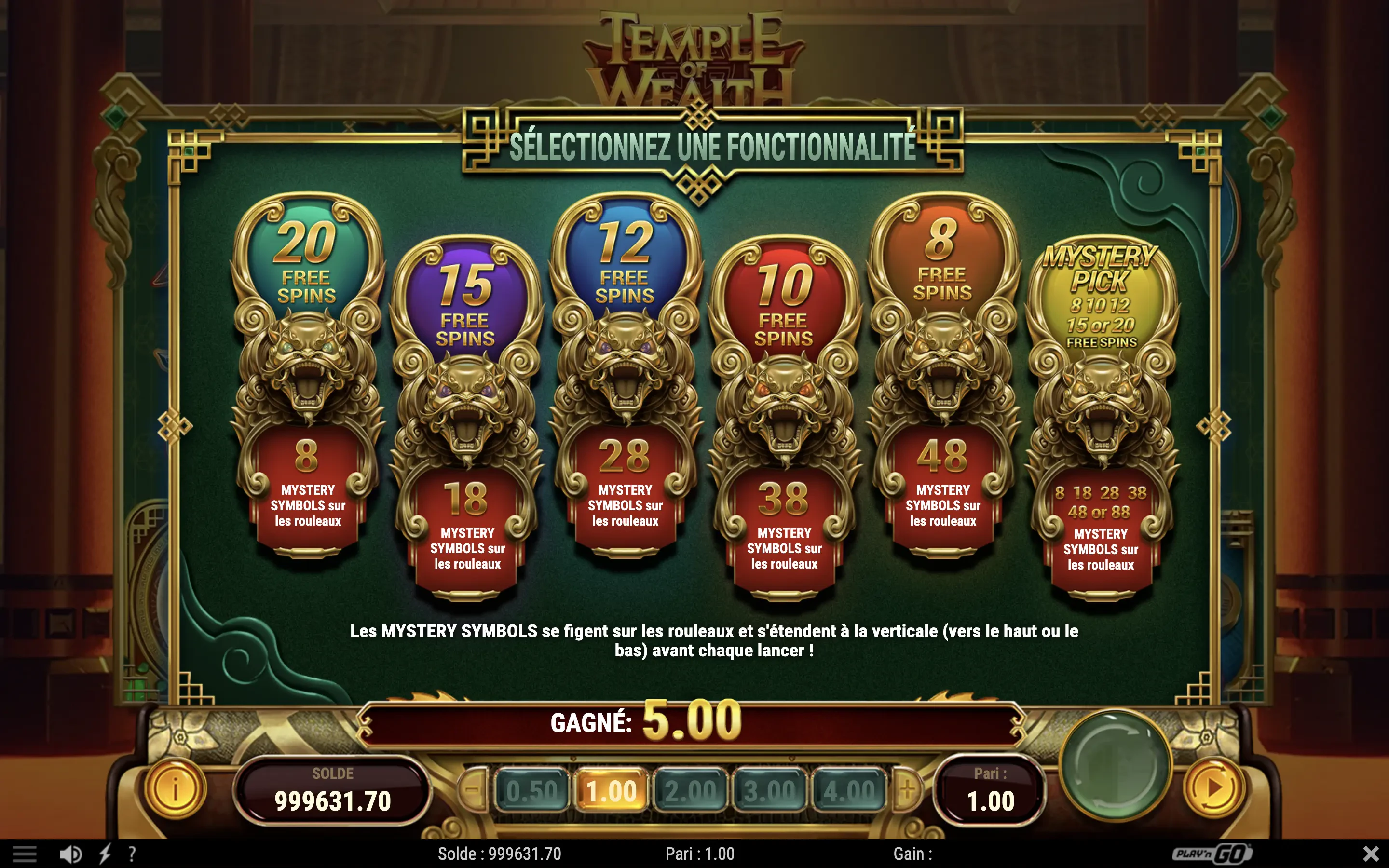 Le choix des fonctionnalités bonus de Temple of Wealth