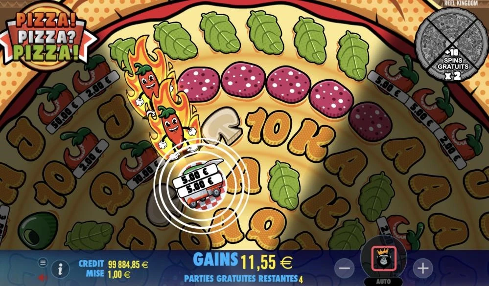 T : Le fonctionnement des parties gratuites sur la machine à sous Pizza ressemblent beaucoup à celles de Big Bass