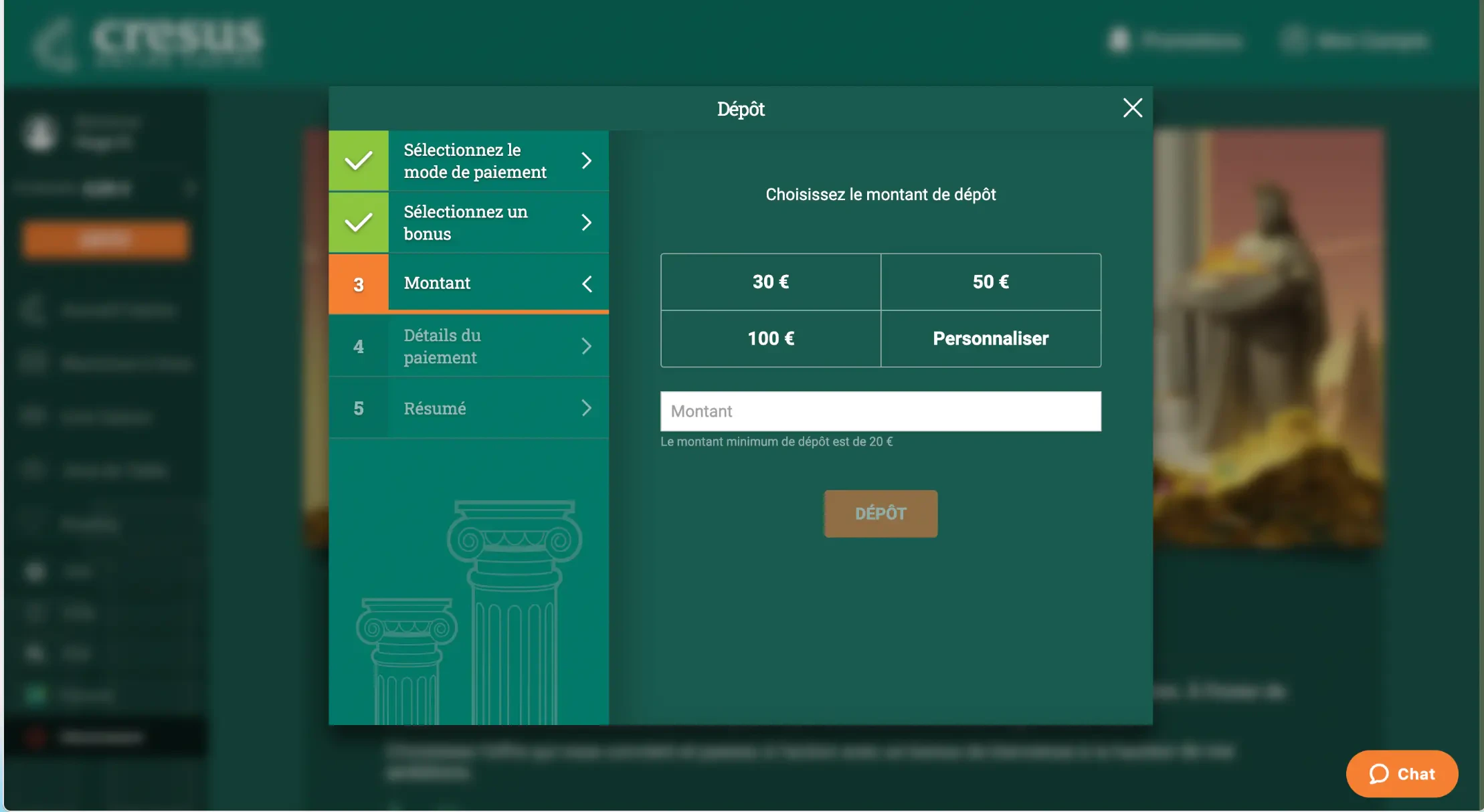 Choix de la somme déposée sur Cresus Casino