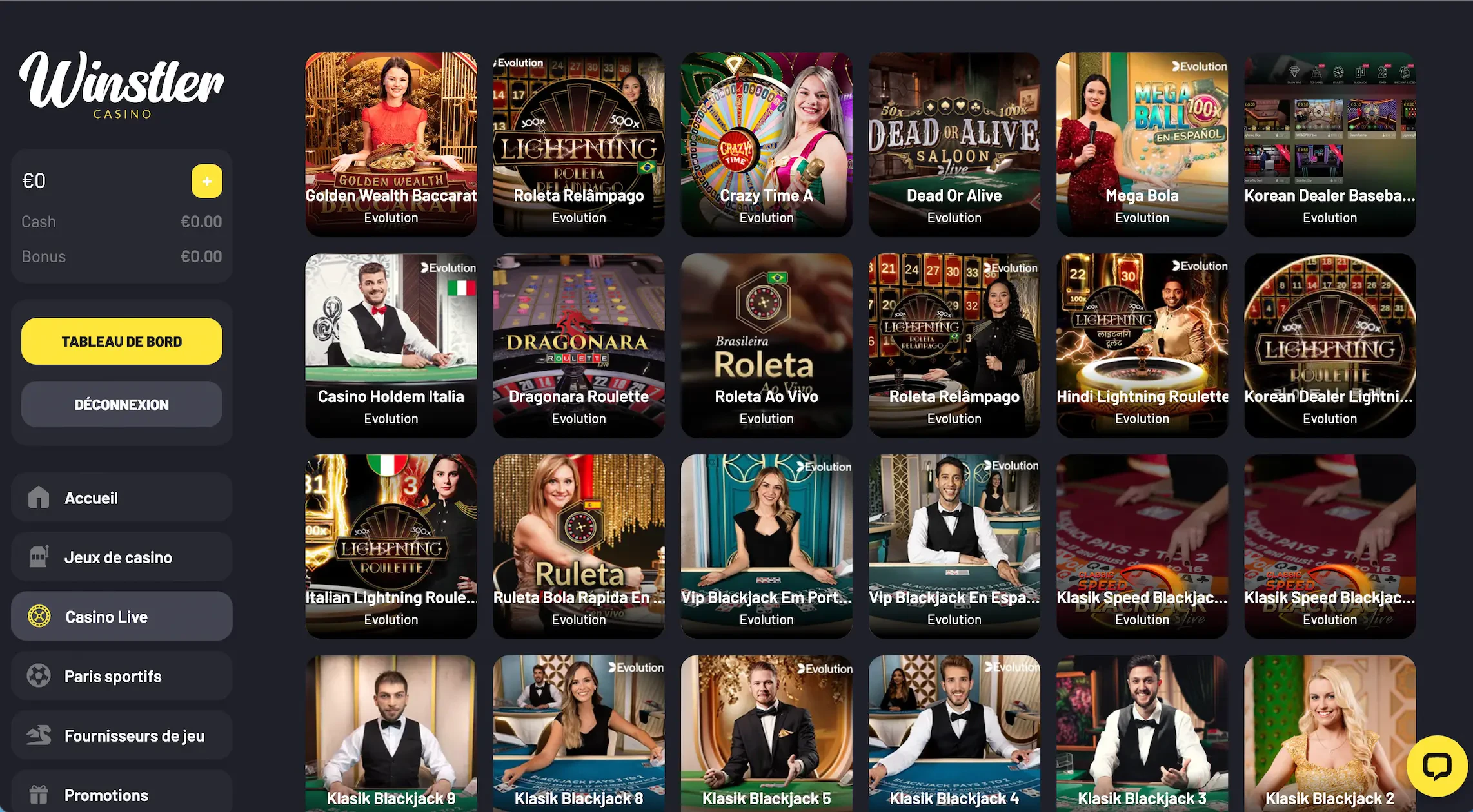Le live casino est présent sur Winstler