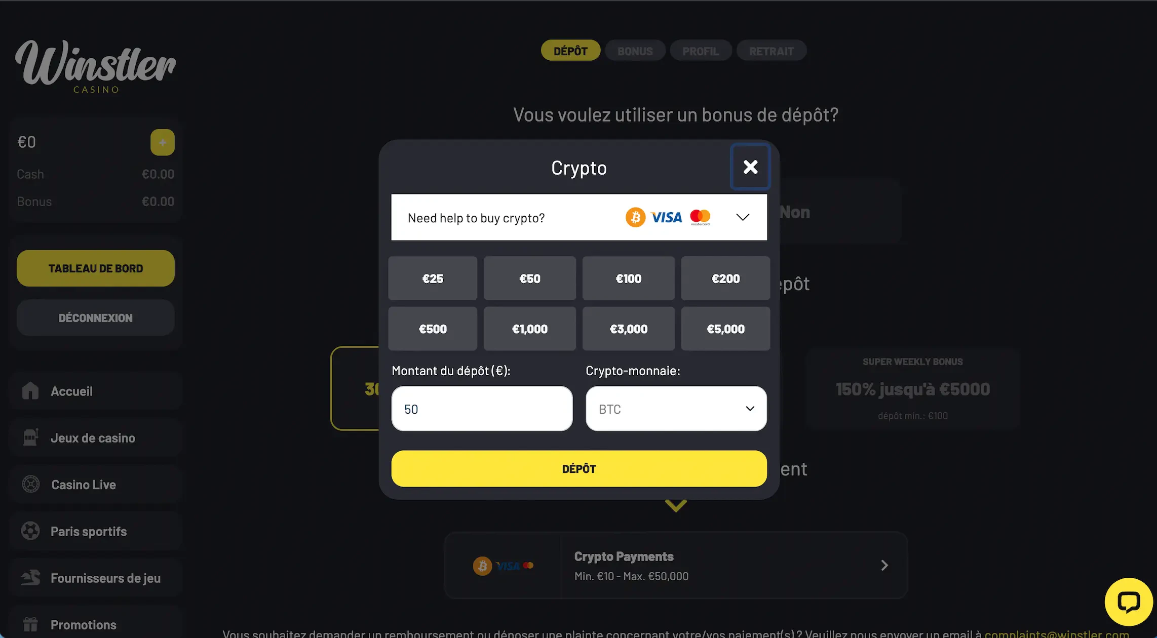 Effectuez votre dépôt en cryptomonnaie