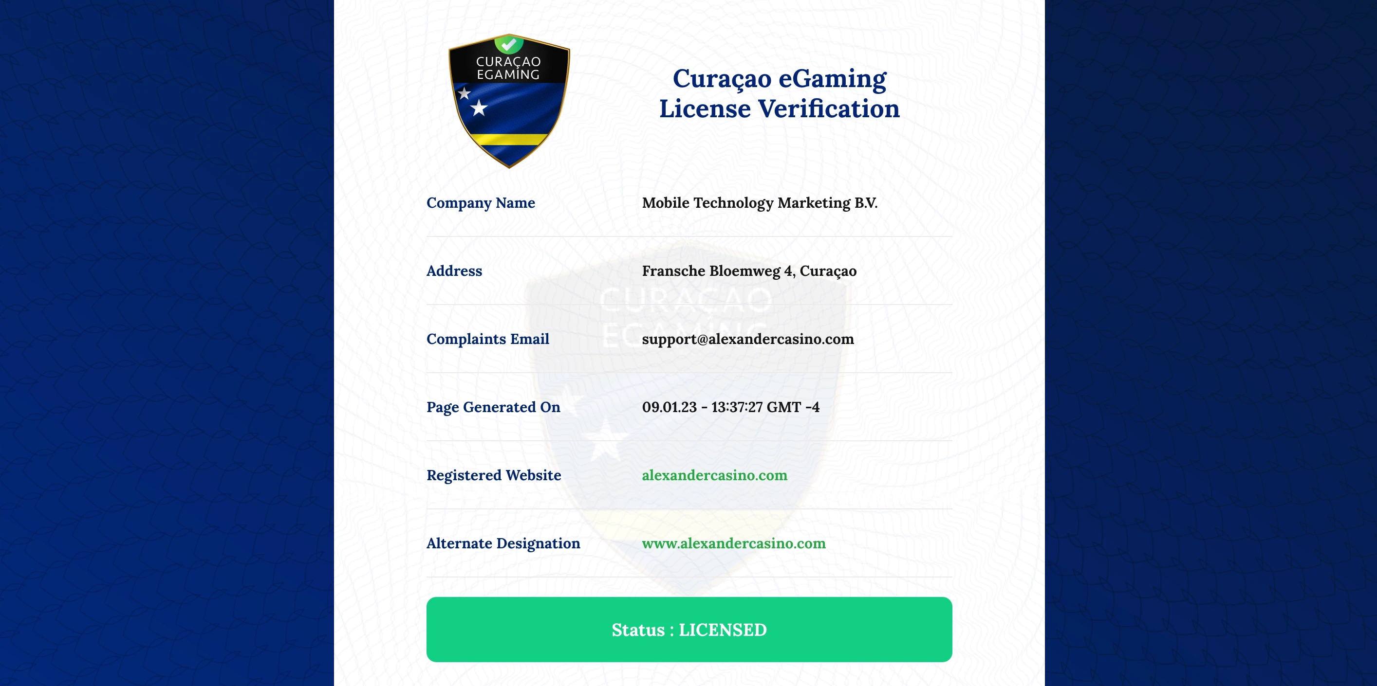 licence alexander casino