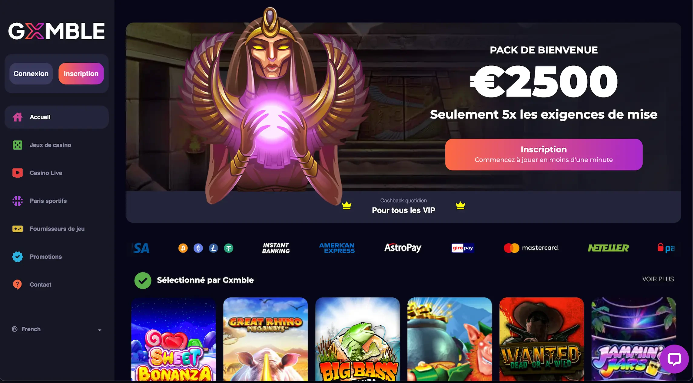 La page d'accueil du casino Gxmble
