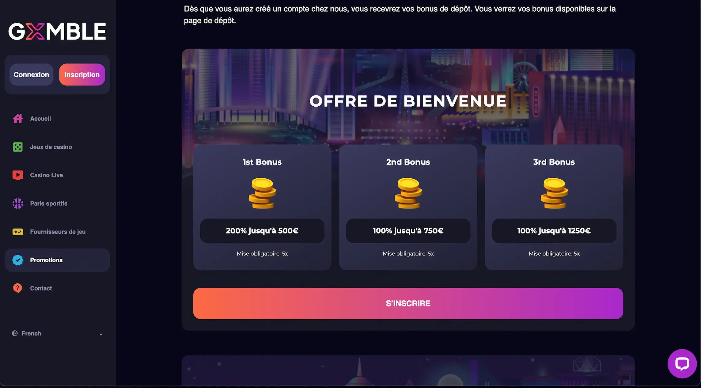 Le bonus de bienvenue de Gxmble s'applique sur vos trois premiers dépôts