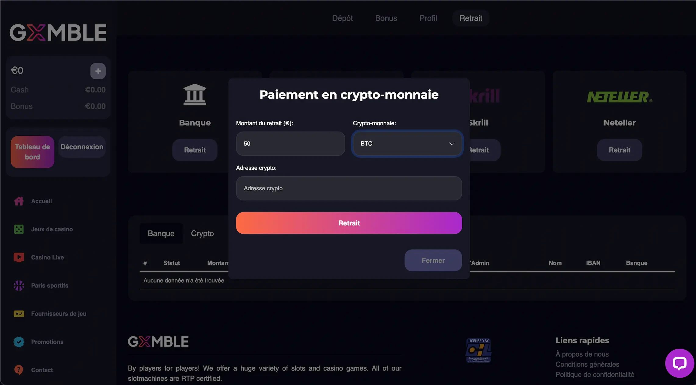 Indiquez le montant du retrait et validez