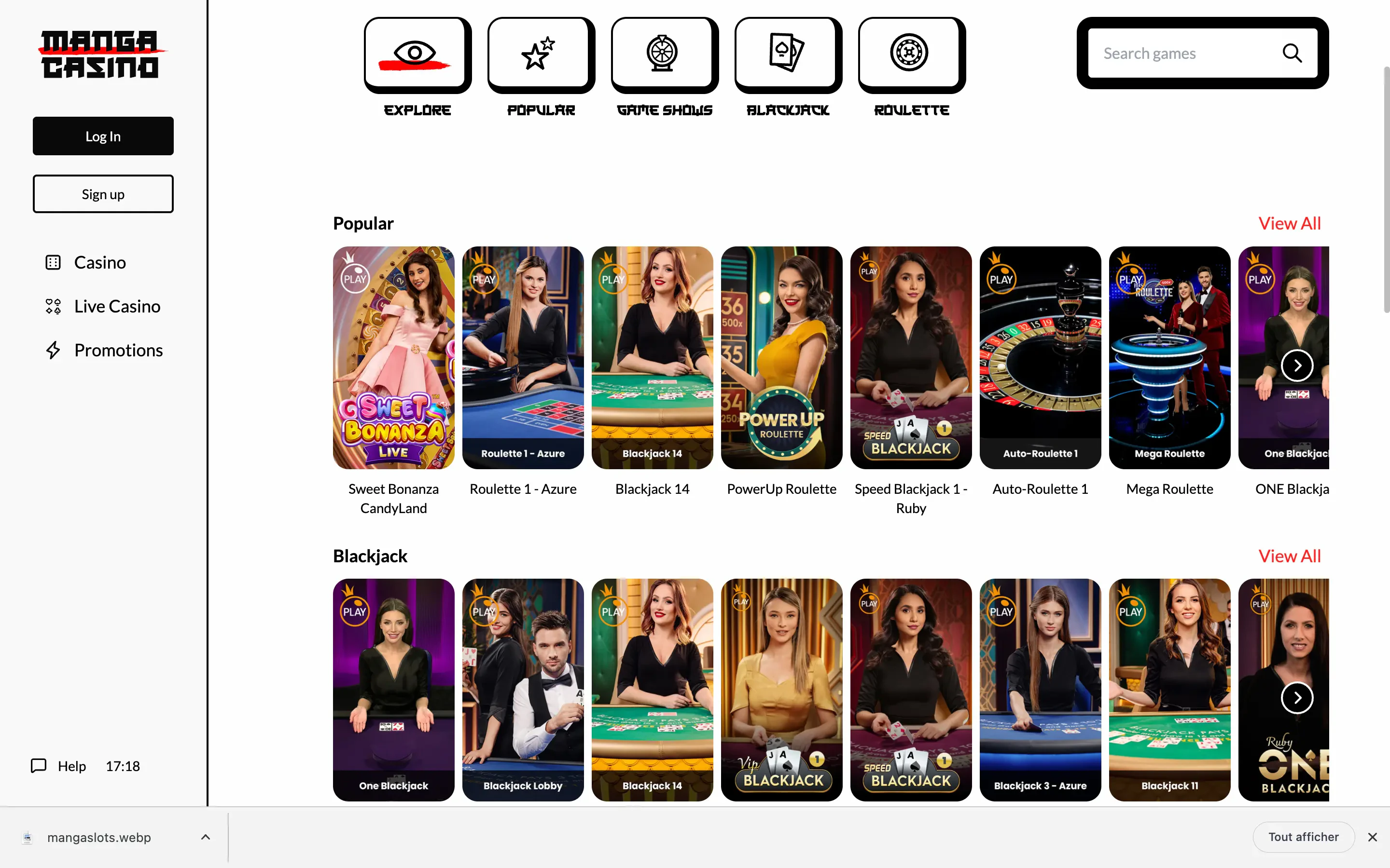 Le live casino est présent sur Manga Casino