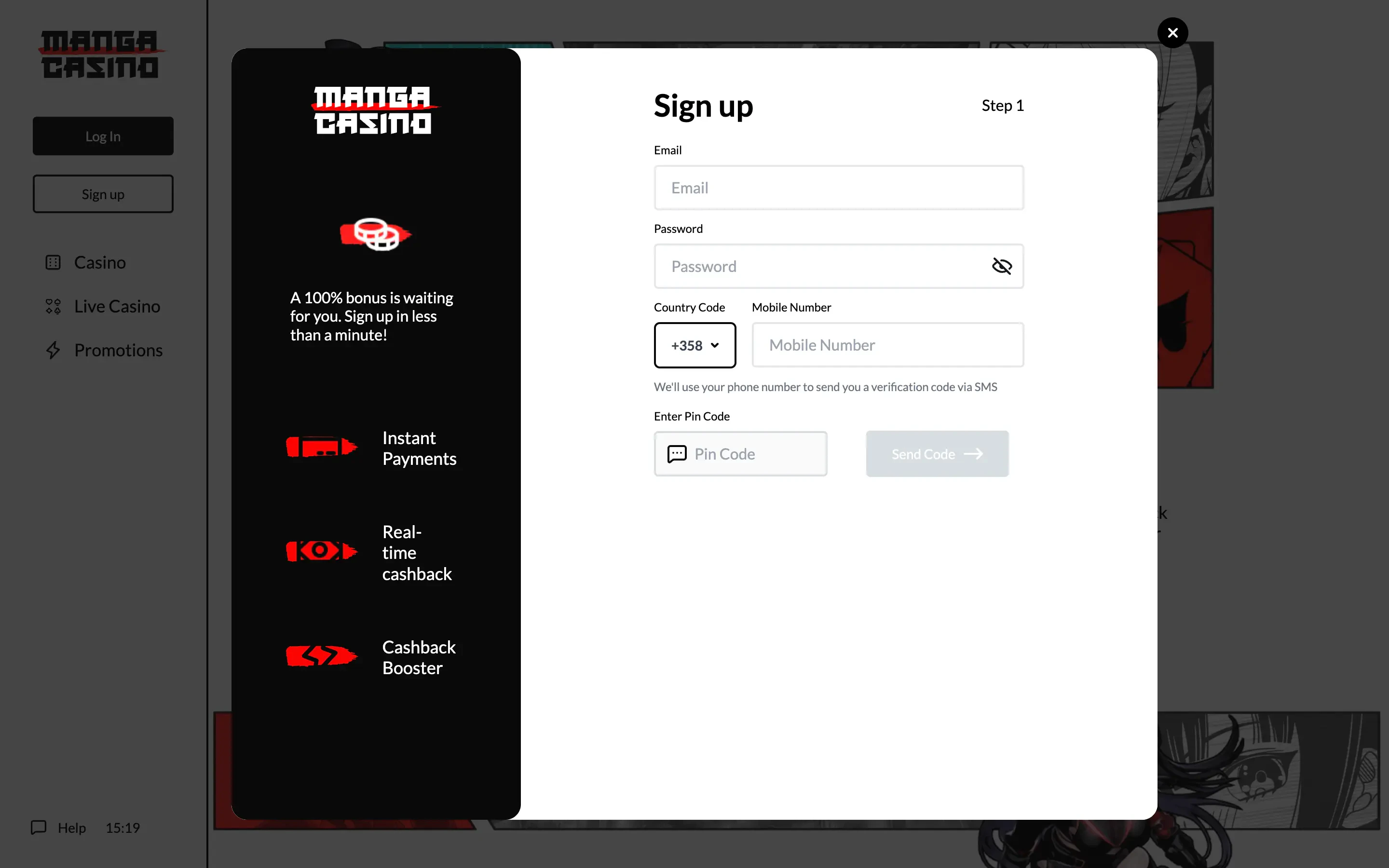 La première étape de l'inscription sur Manga Casino