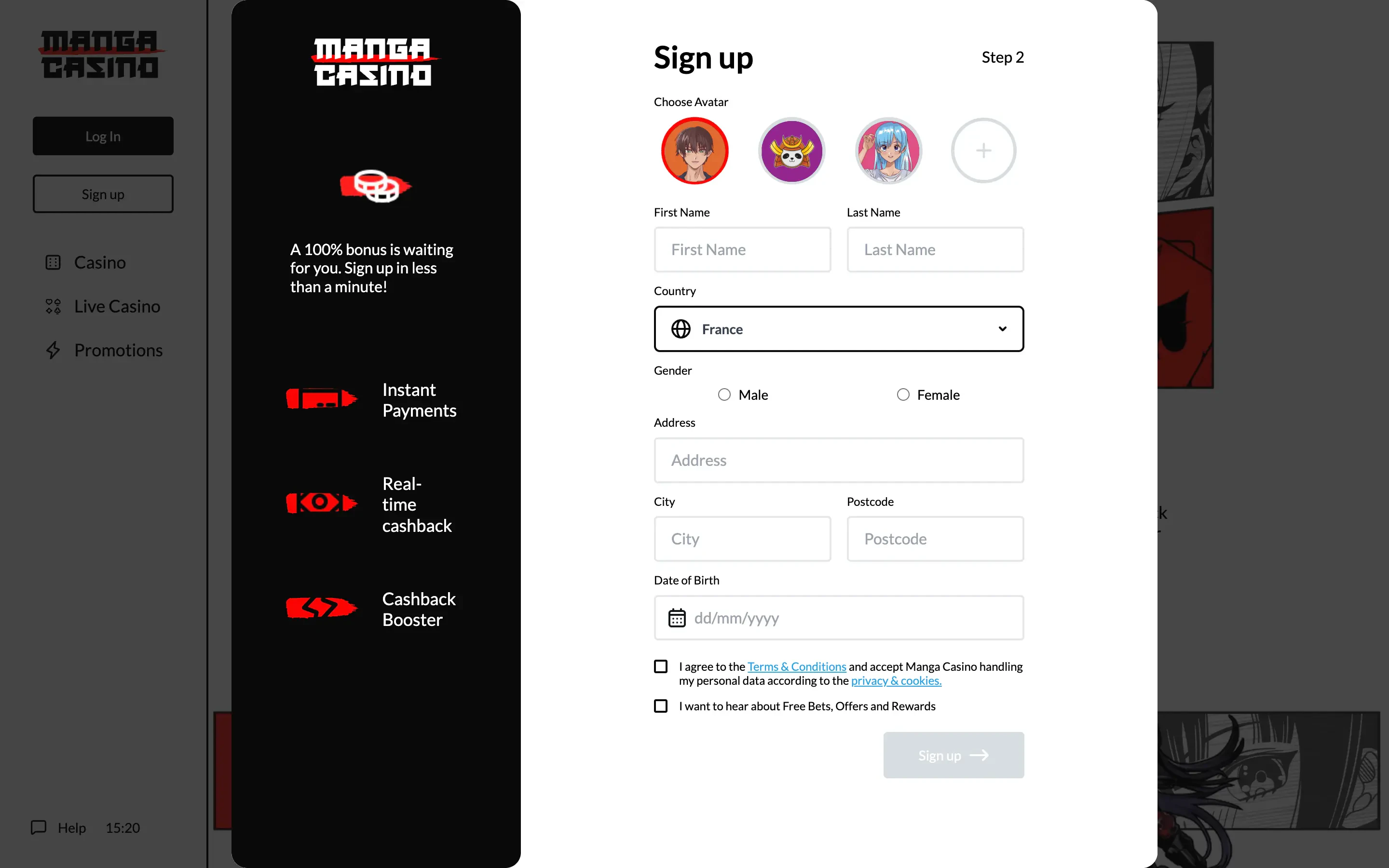 La seconde étape de l'inscription sur Manga Casino