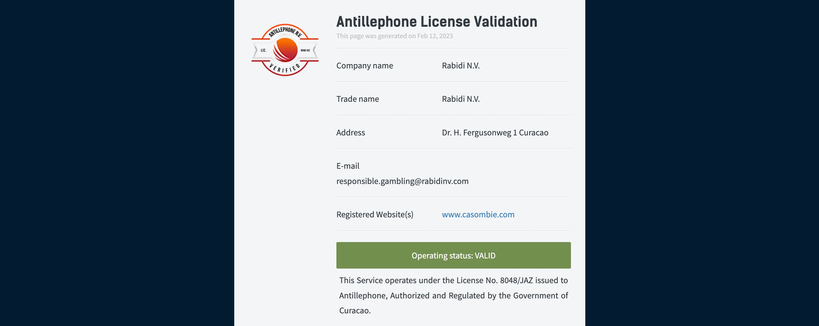 licence de jeu casombie