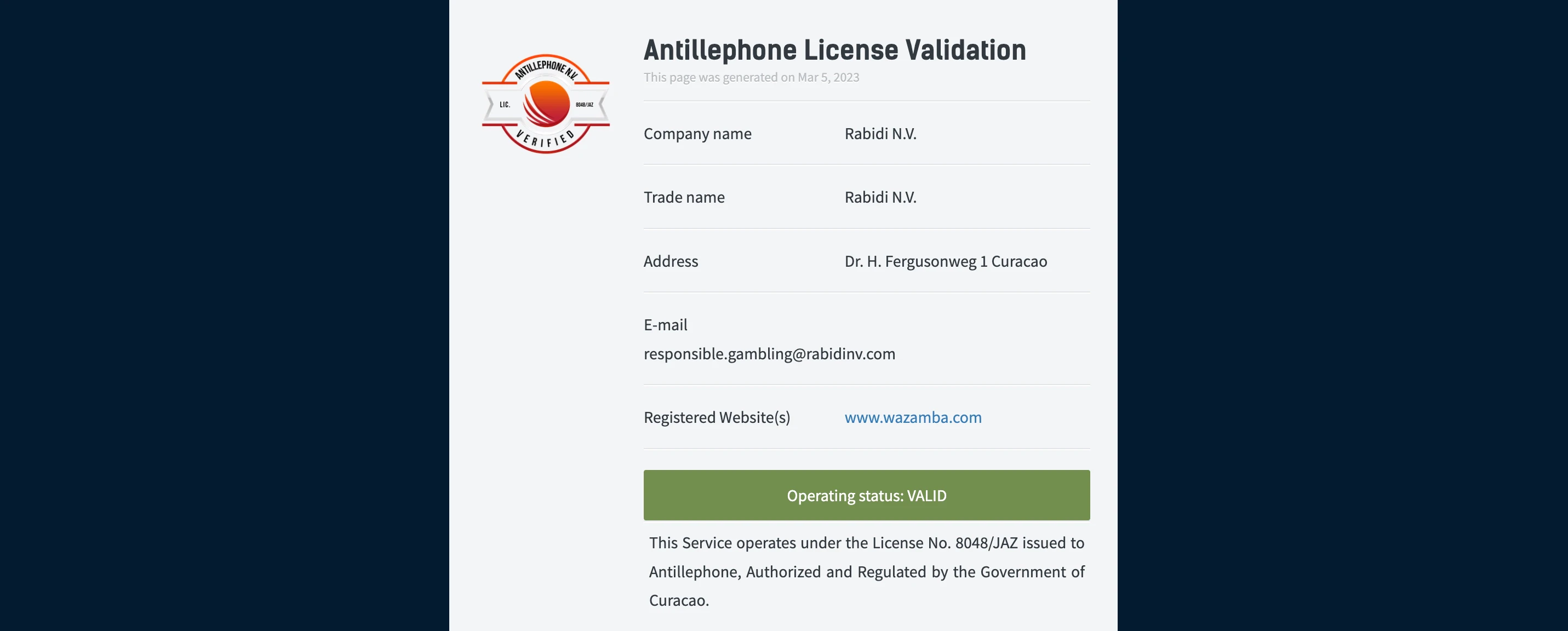 licence wazamba