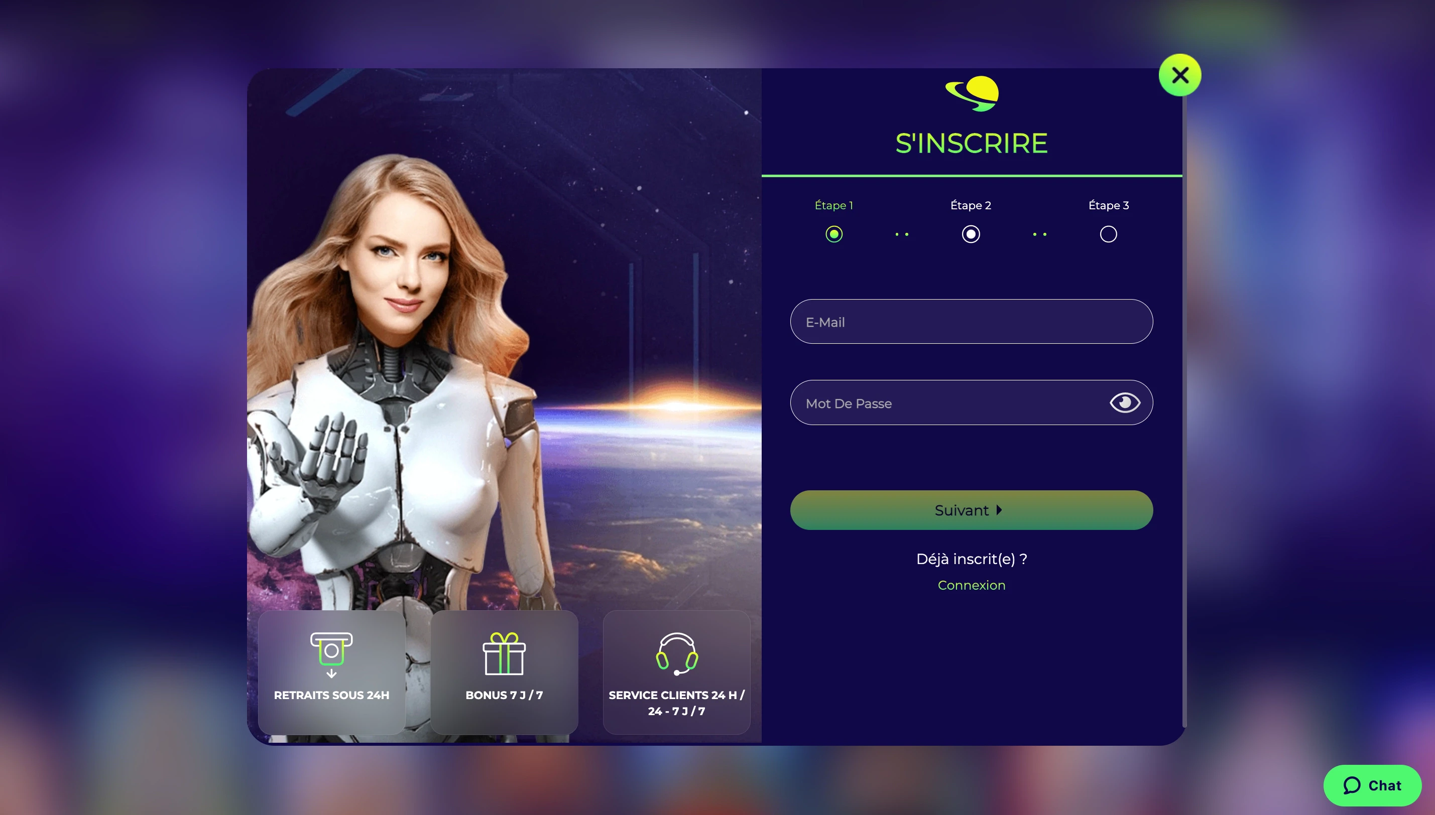 Inscription sur Space Fortuna casino