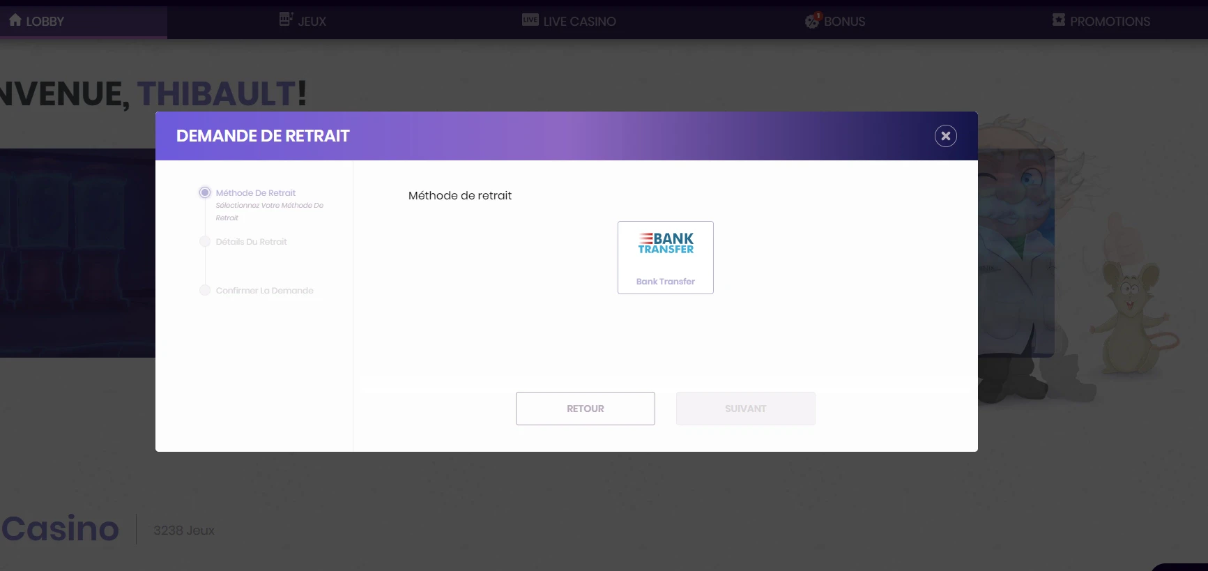 Retirer de l'argent sur Madnix Casino