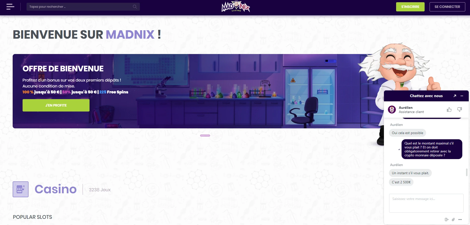 Support client de Madnix Casino