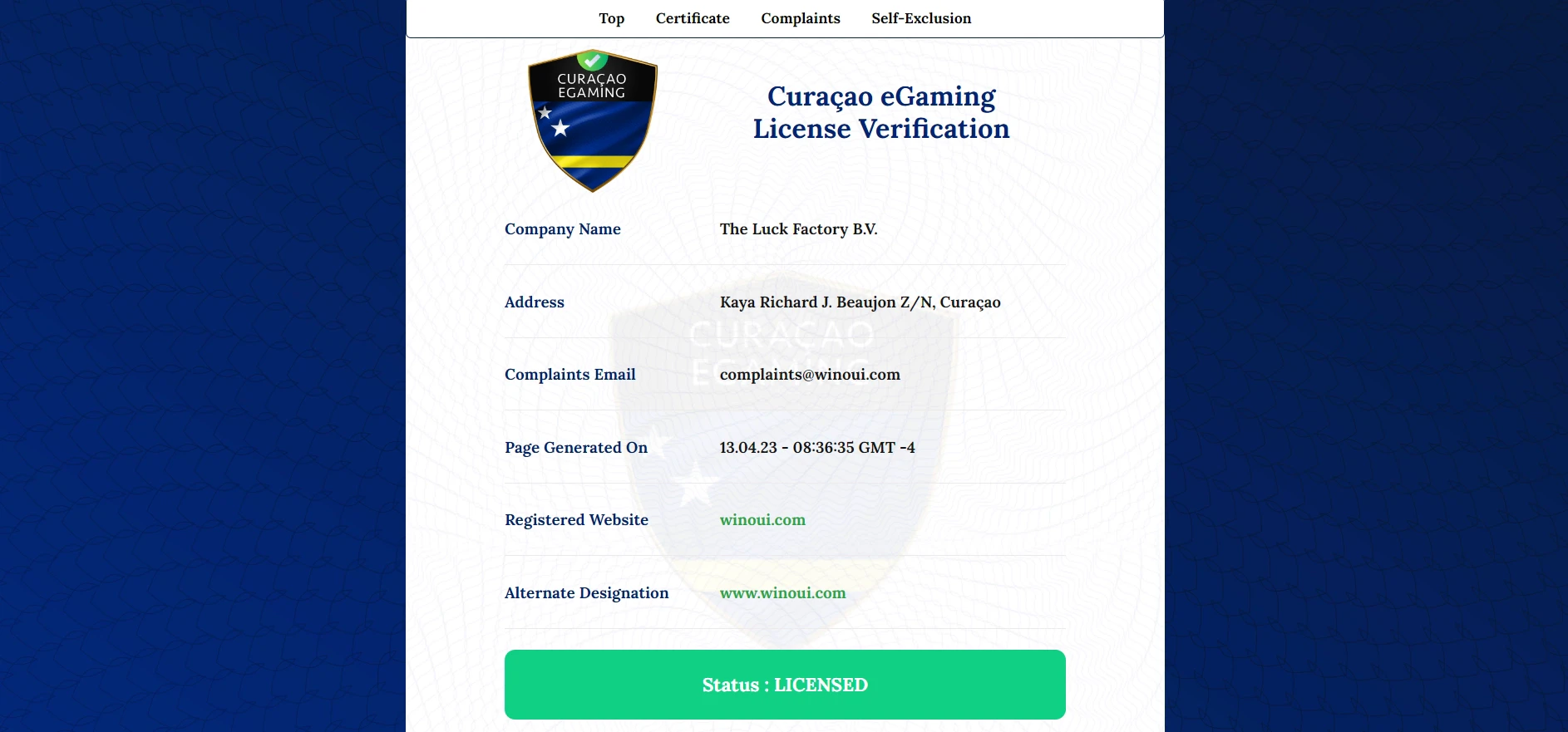 Licence de jeux sur Winoui