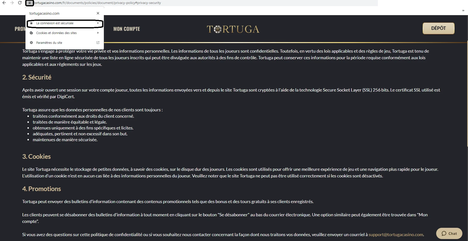 Attestation que le site est sécurisé