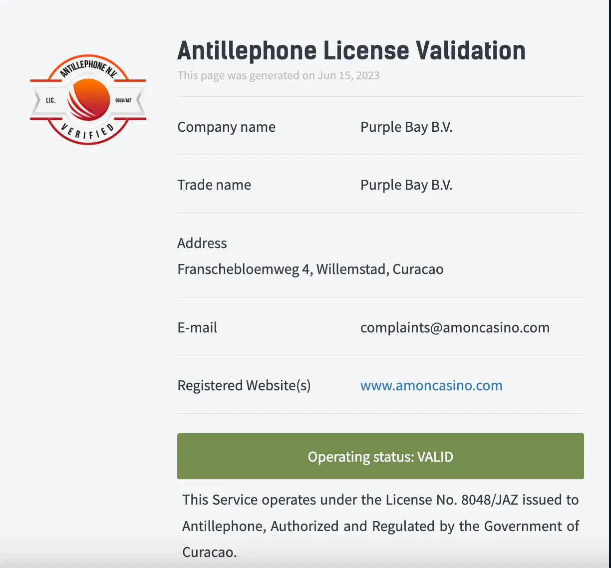 Licence Antillephone Amon Casino