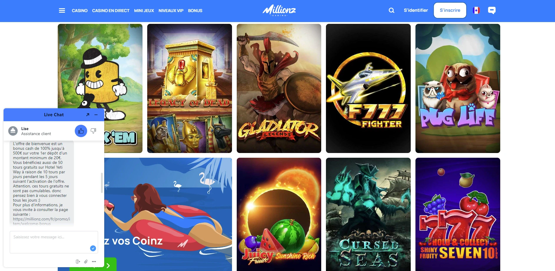 Support client de Millionz conversation