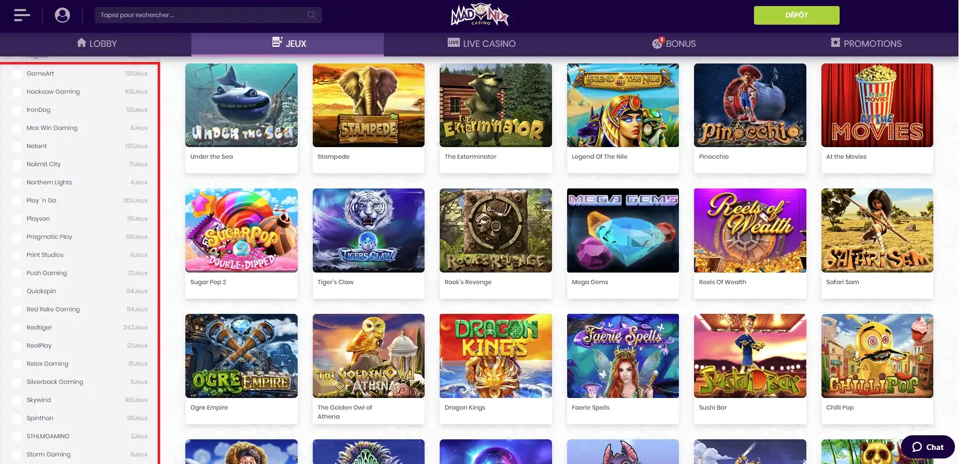 Fournisseur de jeux sur Madnix