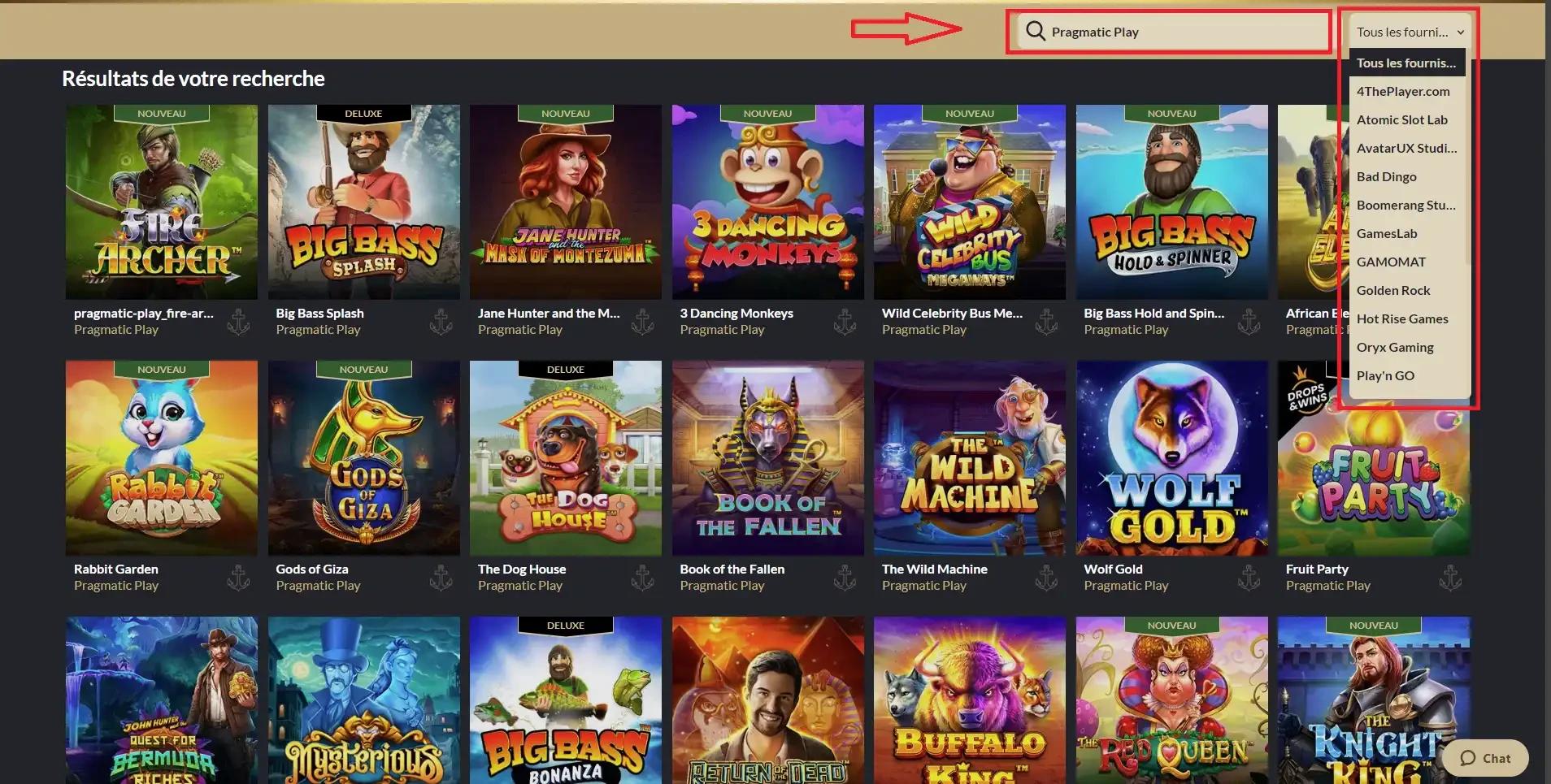 Accéder aux différents fournisseurs de jeux