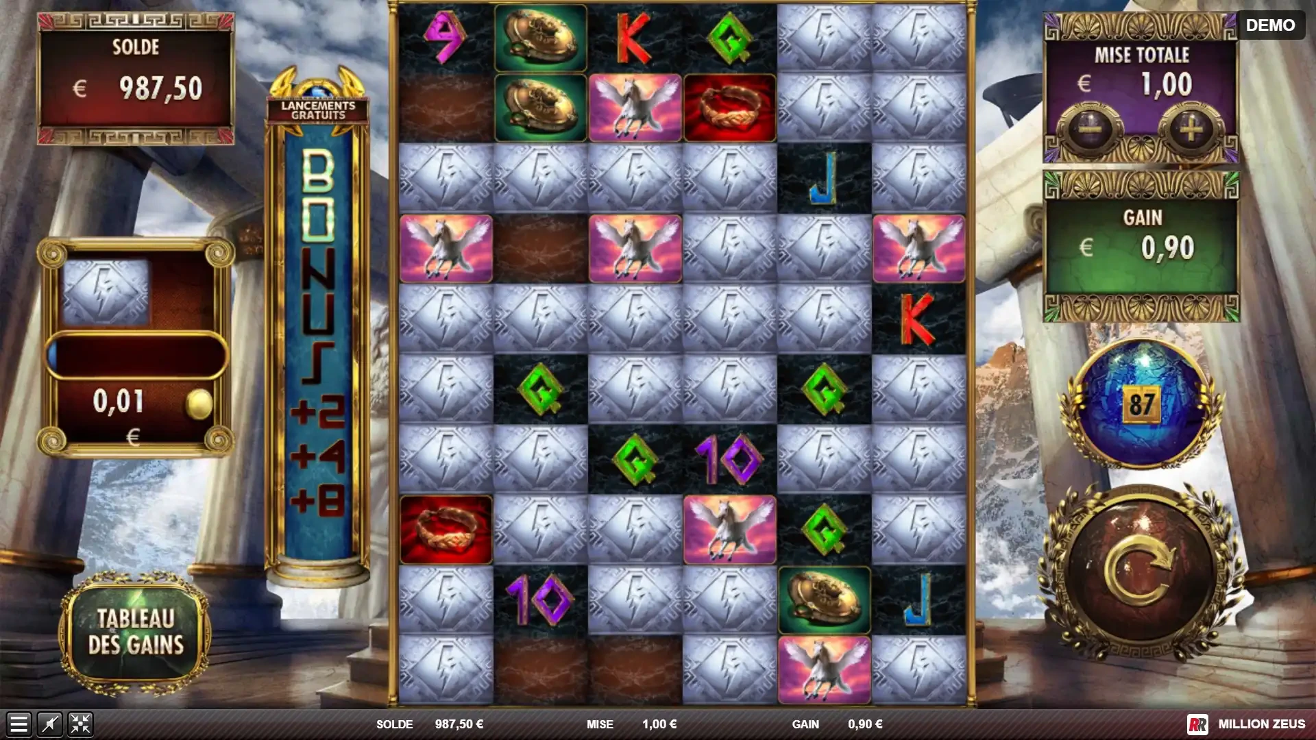 la fonction avalanche dispo sur la machine a sous million zeus de red rake gaming