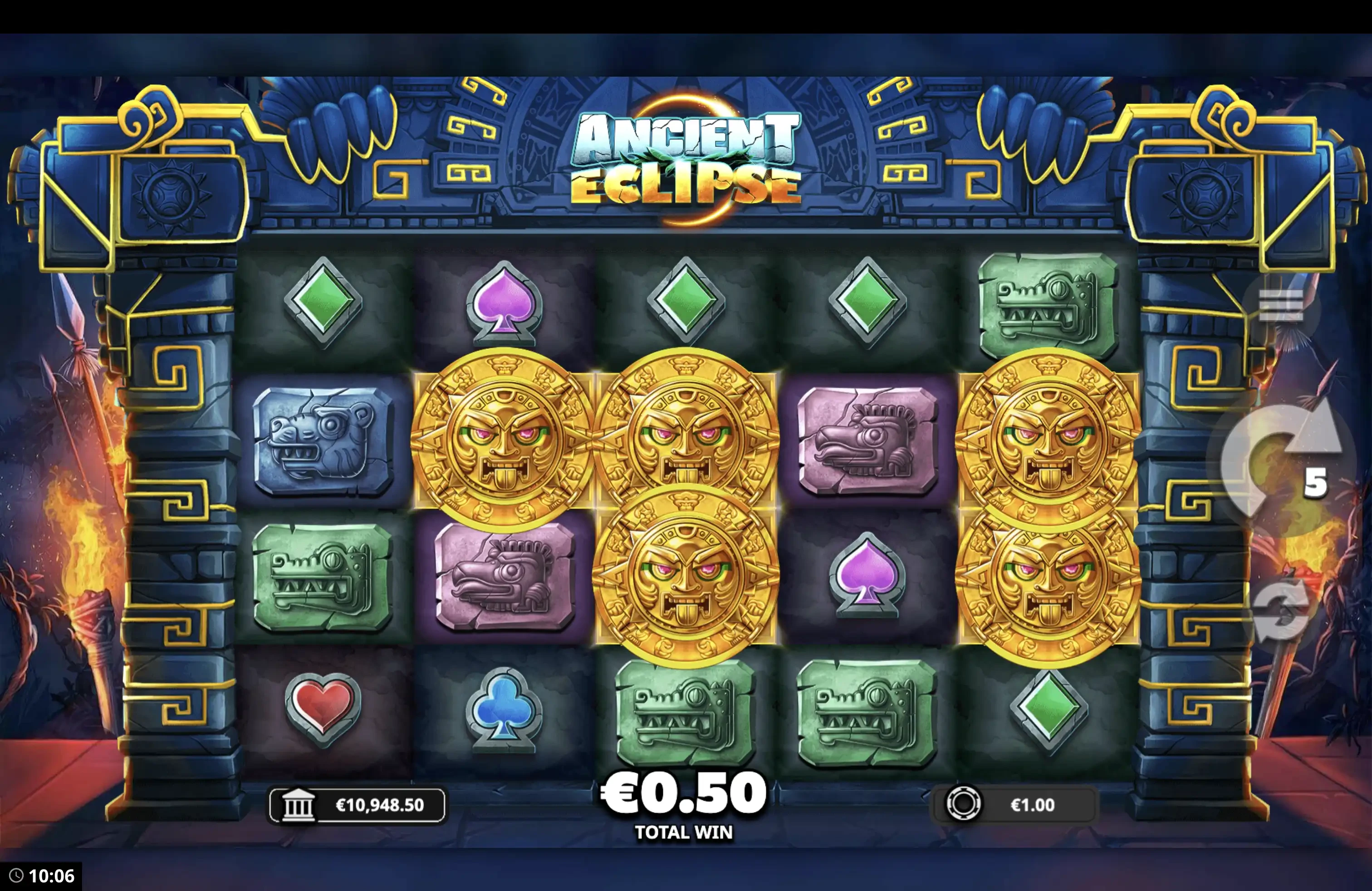 Explications de la fonctionnalité durant les parties gratuites sur la machine a sous Ancient Eclipse du provider Bang Bang Game en collaboration avec Yggdrasil Gaming