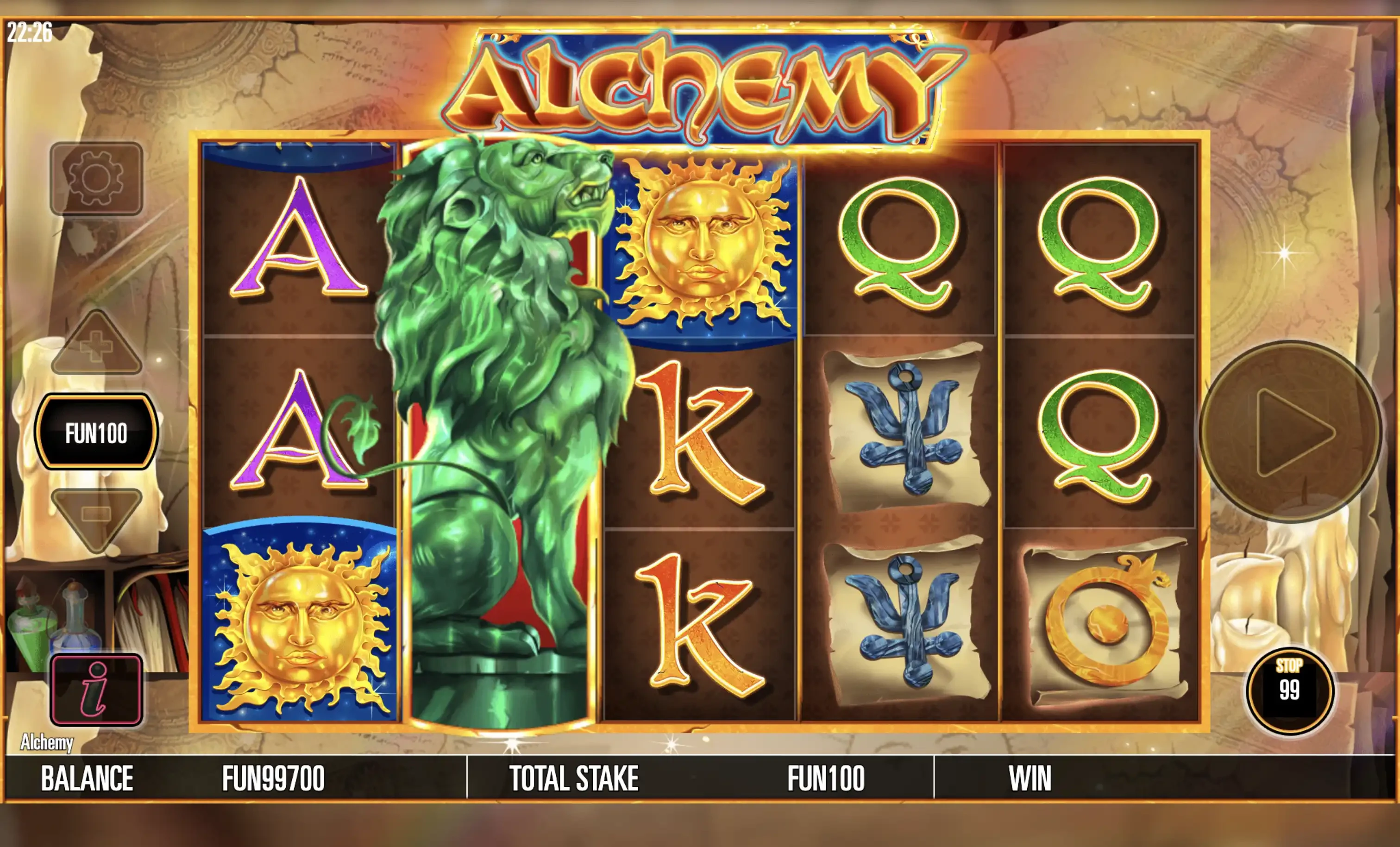 Explications de la fonctionnalité dans le jeu de base sur la machine a sous Alchemy de Relax Gaming
