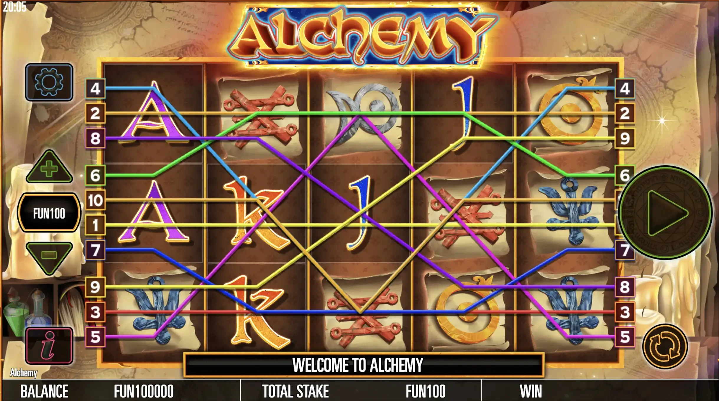 Les différentes connexions qui sont disponibles sur la machine a sous Alchemy du provider Relax Gaming